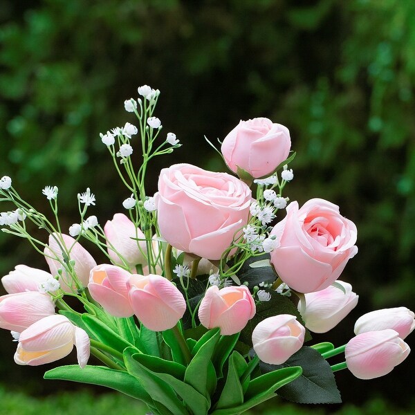 Mixed Rose and Tulip Flower Arrangement in Clear Glass Vase with Acrylic Water for Home Wedding Decoration