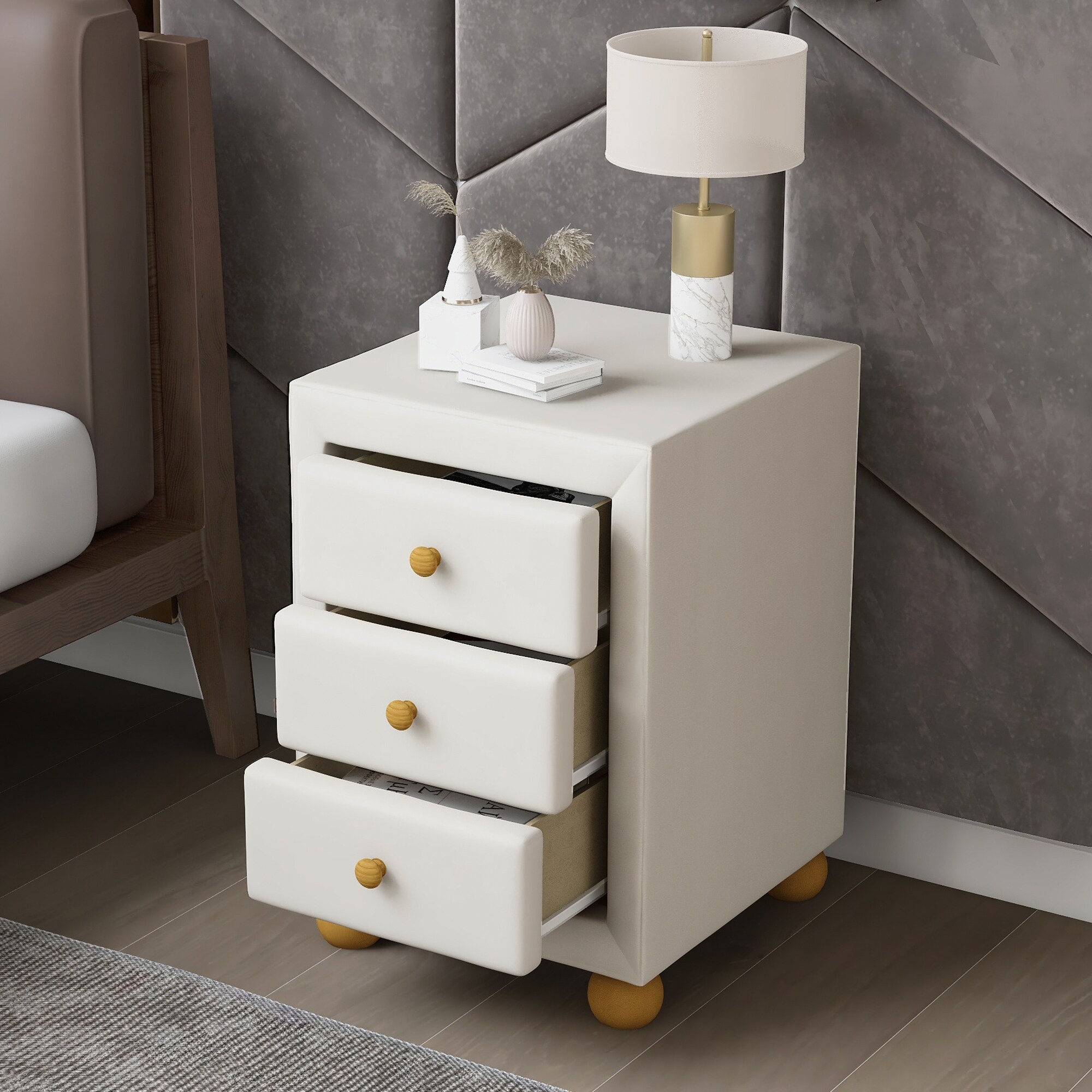 Upholstered Storage Nightstand with 3 Drawers and Natural Wood Knobs - - 36389189