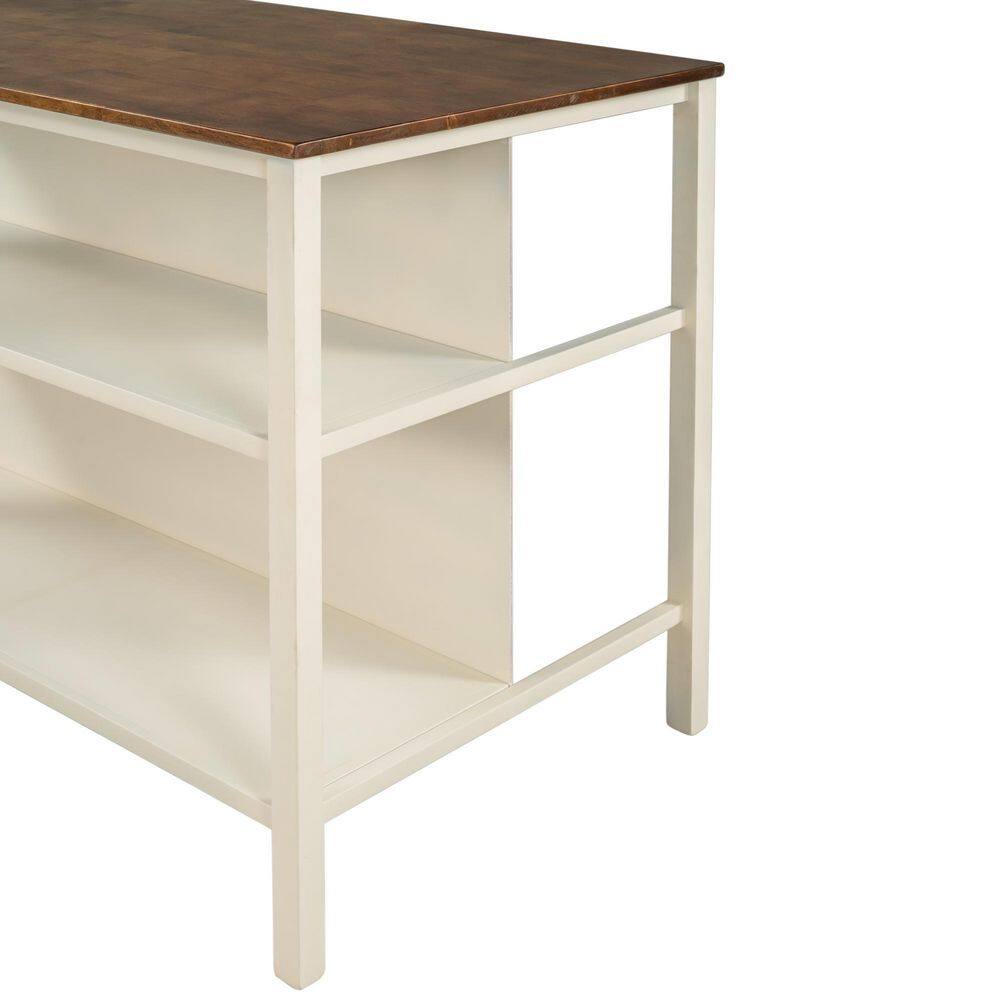 Polibi 45 in. Rectangle Rustic Walnut Wood Top with Cream White Wood Frame Butcher Block Kitchen Island SP-WY45R-AAD