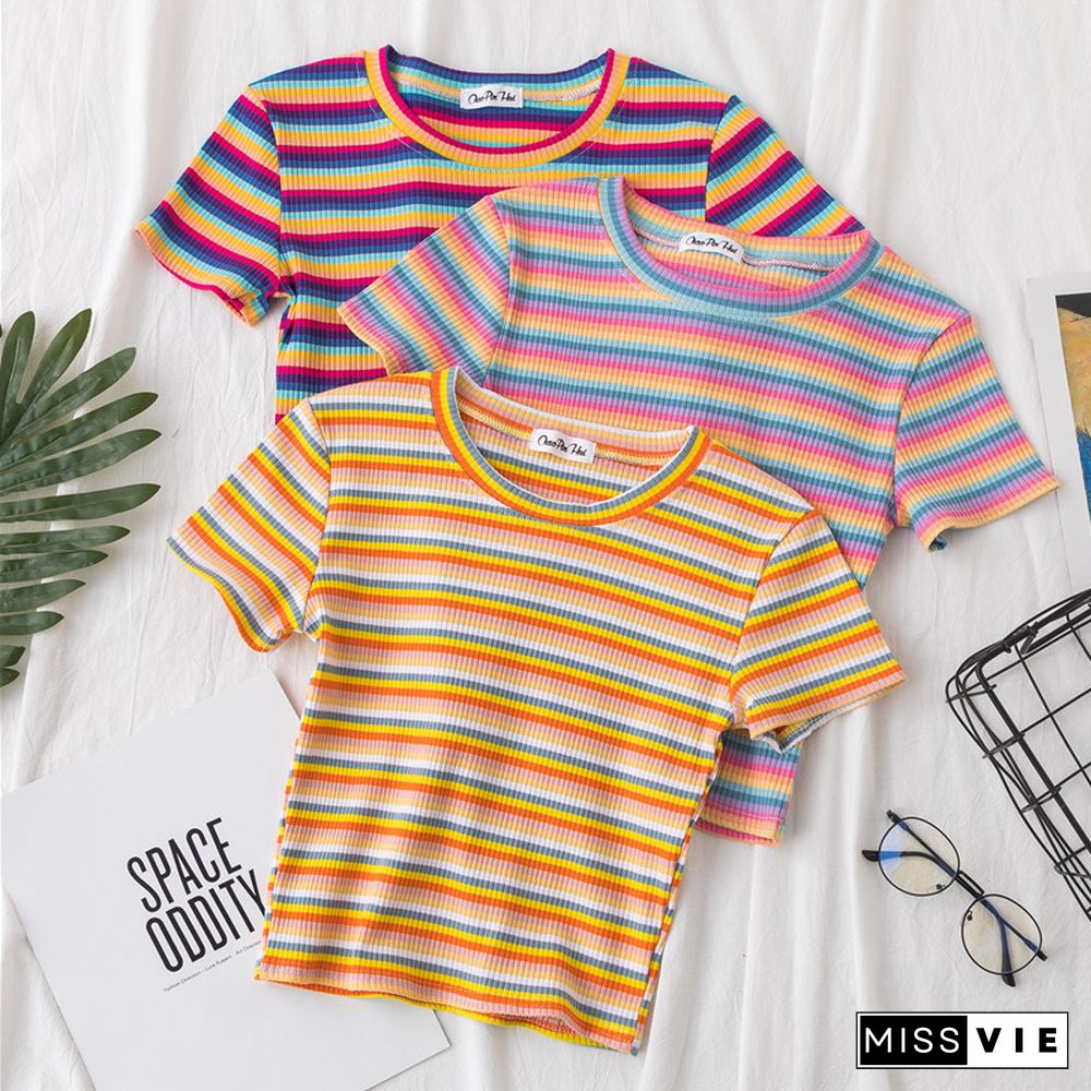 New T Shirt Women Rainbow Striped Tops Slim Fit T Shirt Harajuku Tshirt Summer Short Sleeve Korean T-shirt Feminina Clothes Tops