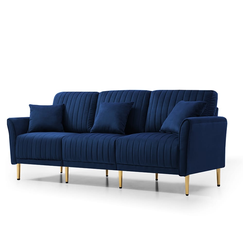 Blue Luxurious Velvet Sofa Set with Tufted Cushions (3 Seater + 2 Loveseat + 5 Pillows)