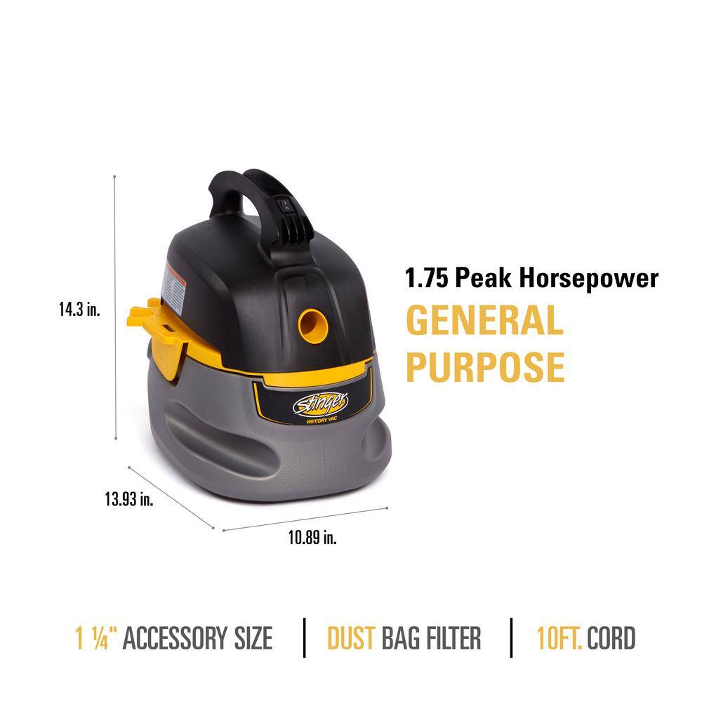 Stinger 2.5 Gallon 1.75 Peak HP Compact WetDry Shop Vacuum with Filter Bag Hose and Accessories HD2025