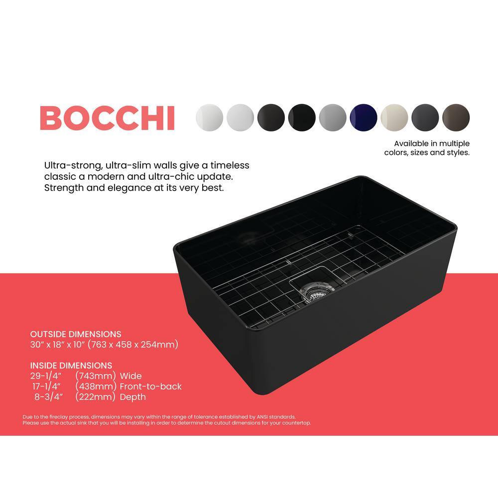 BOCCHI Aderci Black Fireclay 30 in. Single Bowl Ultra-Slim Farmhouse Apron Front Kitchen Sink with Grid and Strainer 1481-005-0120