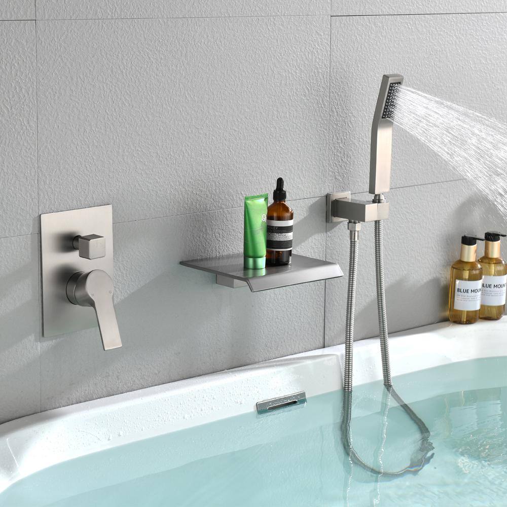 WATWAT Jewelry Single-Handle Wall Mount Roman Tub Faucet with Hand Shower in Brushed Nickel (Ceramic Valve Included) SMD0JE220804015