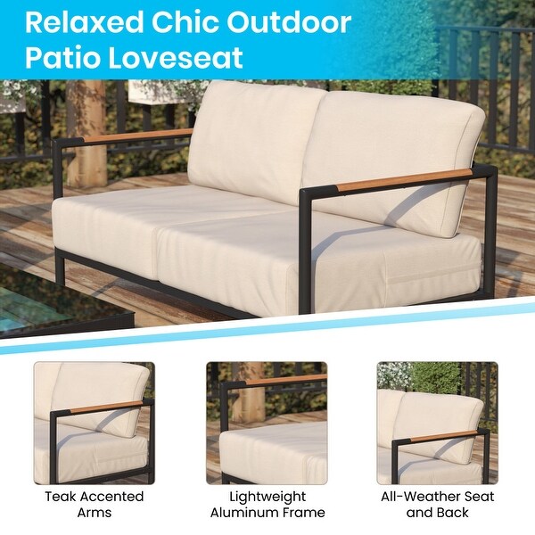 Metal Frame Loveseat with Teak Arm Accents and Plush Cushions