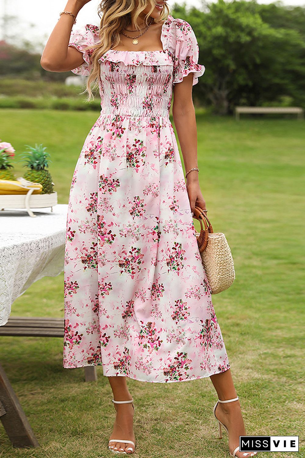 Pink Floral Square Neck Smocked Ruffles Maxi Dress