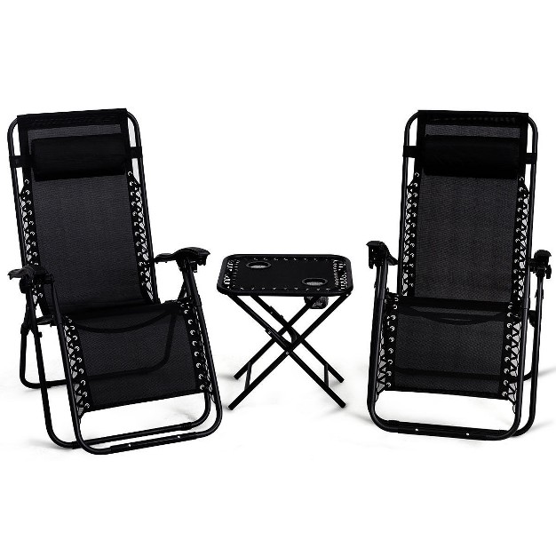 Costway 3pcs Zero Gravity Reclining Lounge Chairs Table Pillows Folding Portable Black