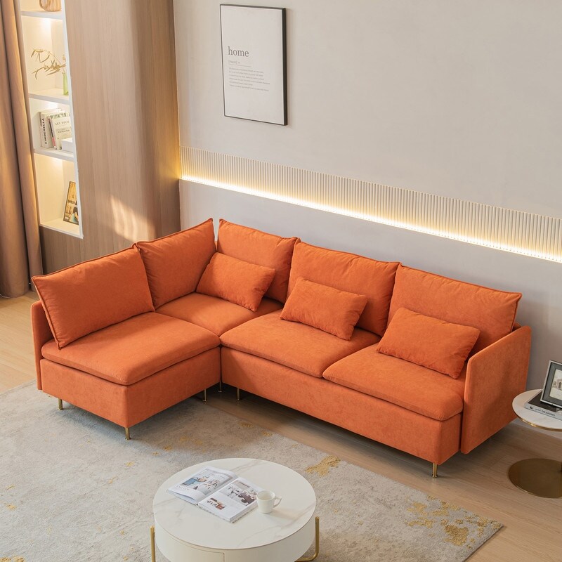 90.9'' Modular L shaped Cotton Linen Corner Sofa  Left Hand Facing Sectional Couch  Orange