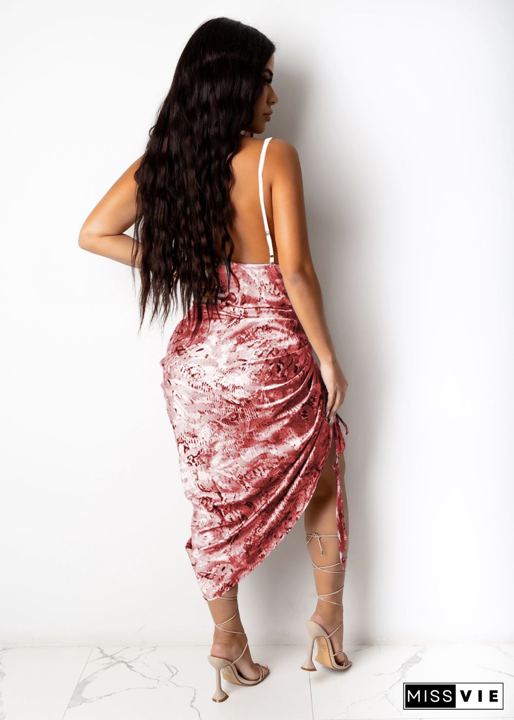 Sexy Print Backless High Split Drawstring Bodycon Halter Dress