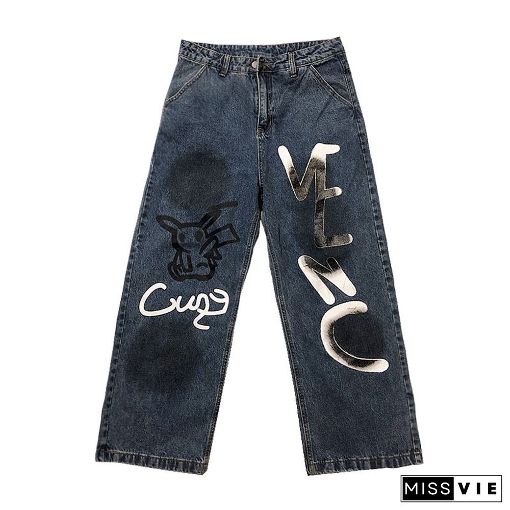 Street Hand Drawn Graffiti Alphabet Print Jeans