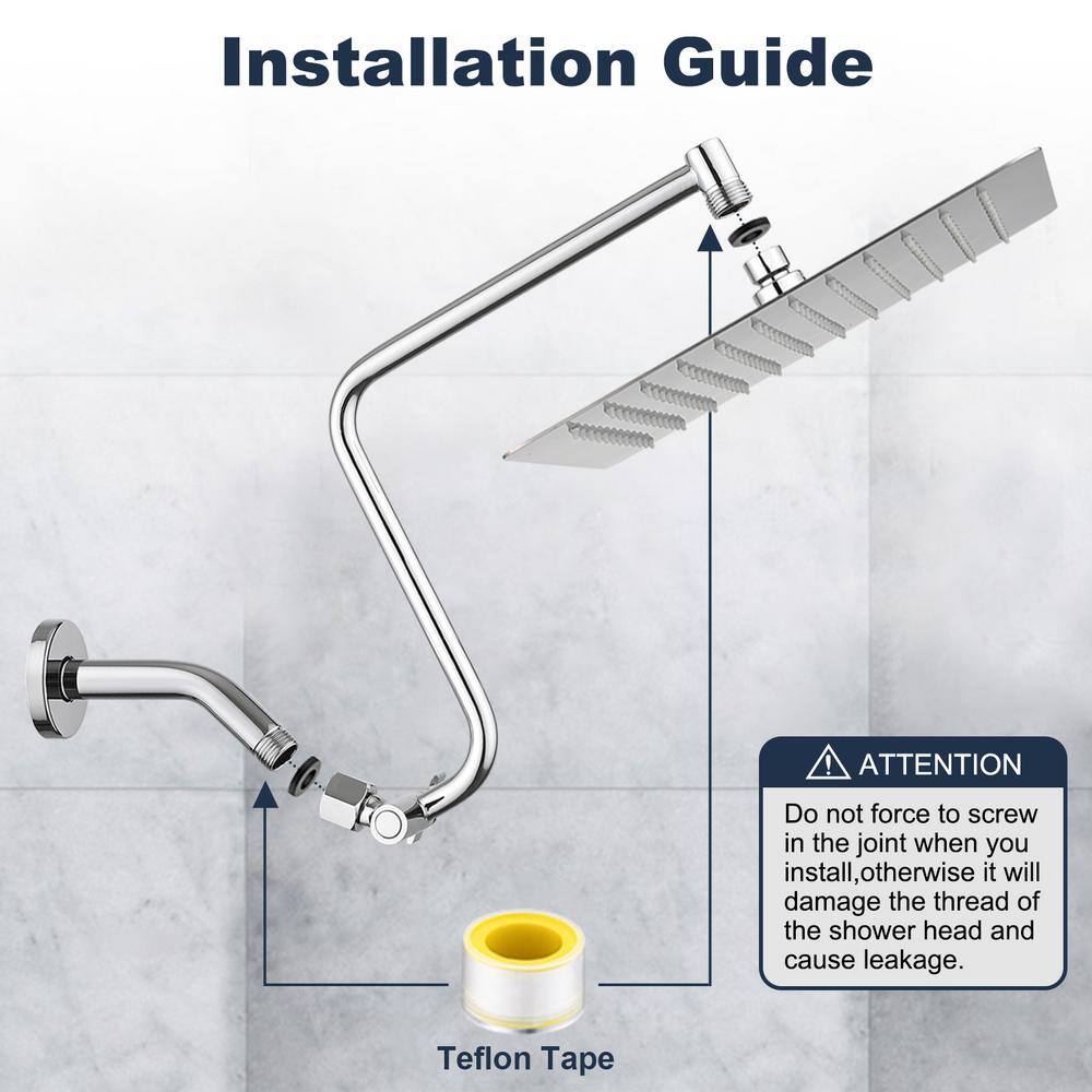 YASINU 1-Spray Patterns With 2.5GPM 12 in. Wall Mount Rain All Metal Fixed Shower Head With Adjustable Extension Arm in Chrome YNPAUL000362CH