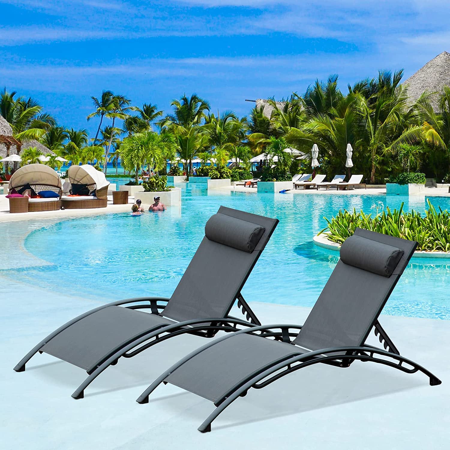 Domi Outdoor Chaise Lounge Set of 2 Patio Recliner Chairs with Adjustable Backrest and Removable Pillow for Indoor&Outdoor Beach,Pool,Sunbathing,Lawn,Dark Grey