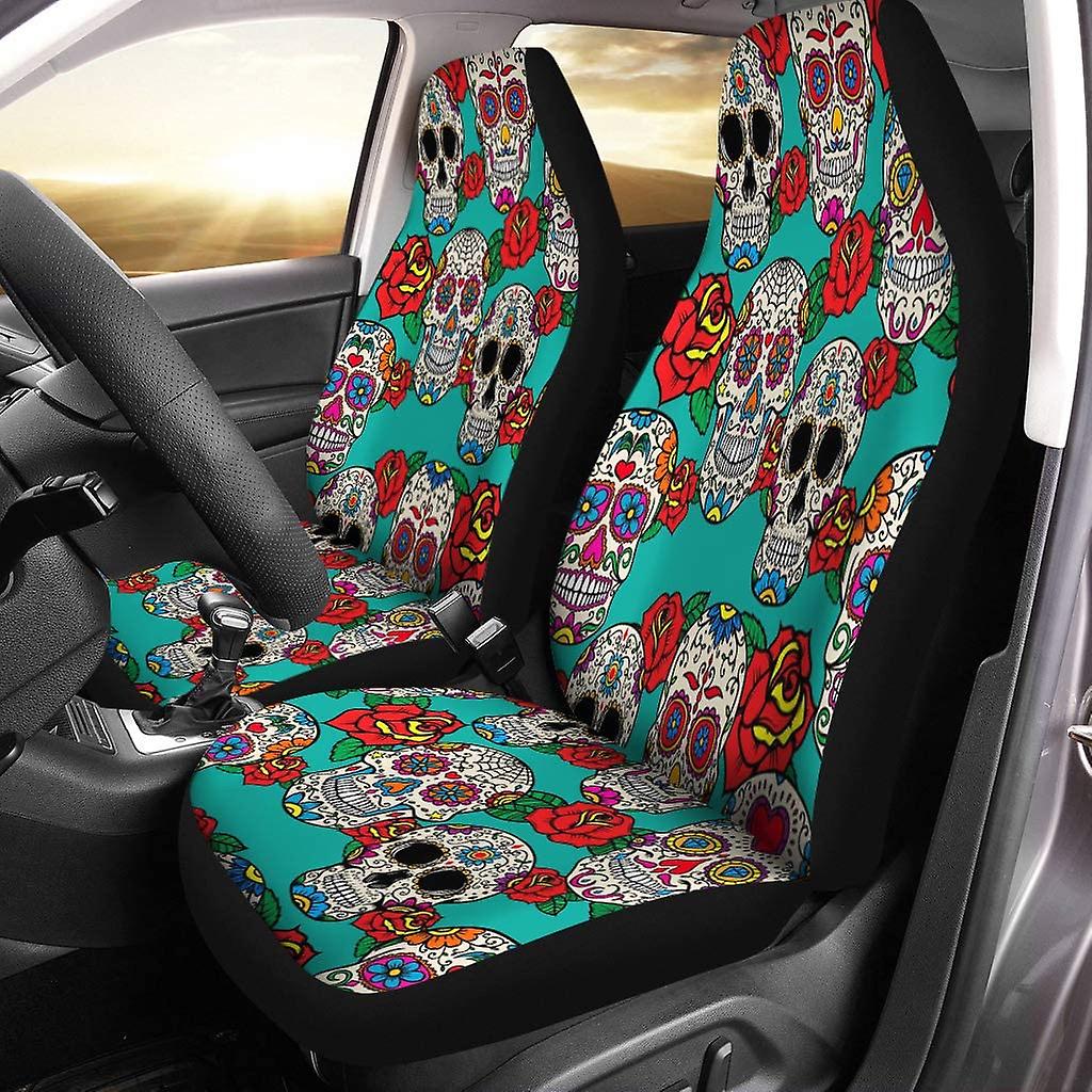 Set Of 2 Car Seat Covers Skull Flower Rose Universal Auto Front Seats Protector Fits For Car，suv Sedan，truck