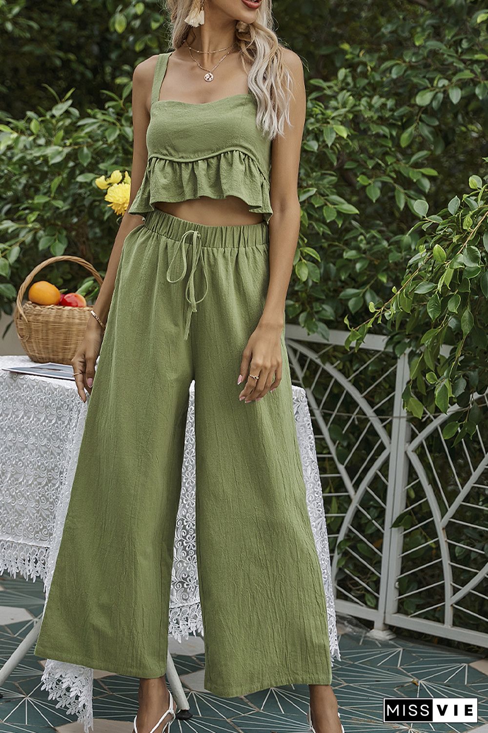 Solid Halter Crop Top & Pants 2PCS Set Wholesale