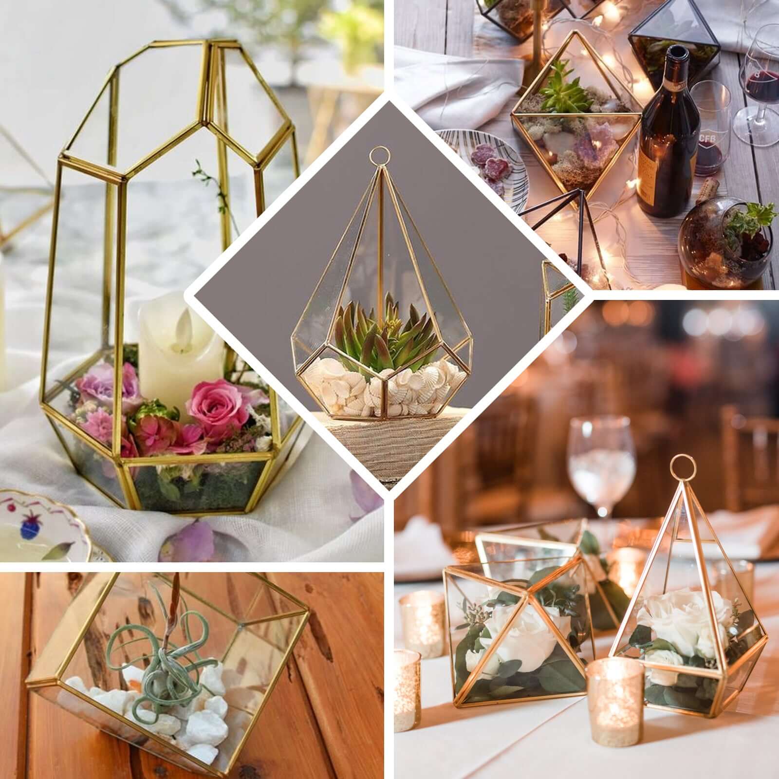 House Lantern Hanging Gold Metal Geometric Glass Terrarium, Multipurpose Air Plants Holder 11