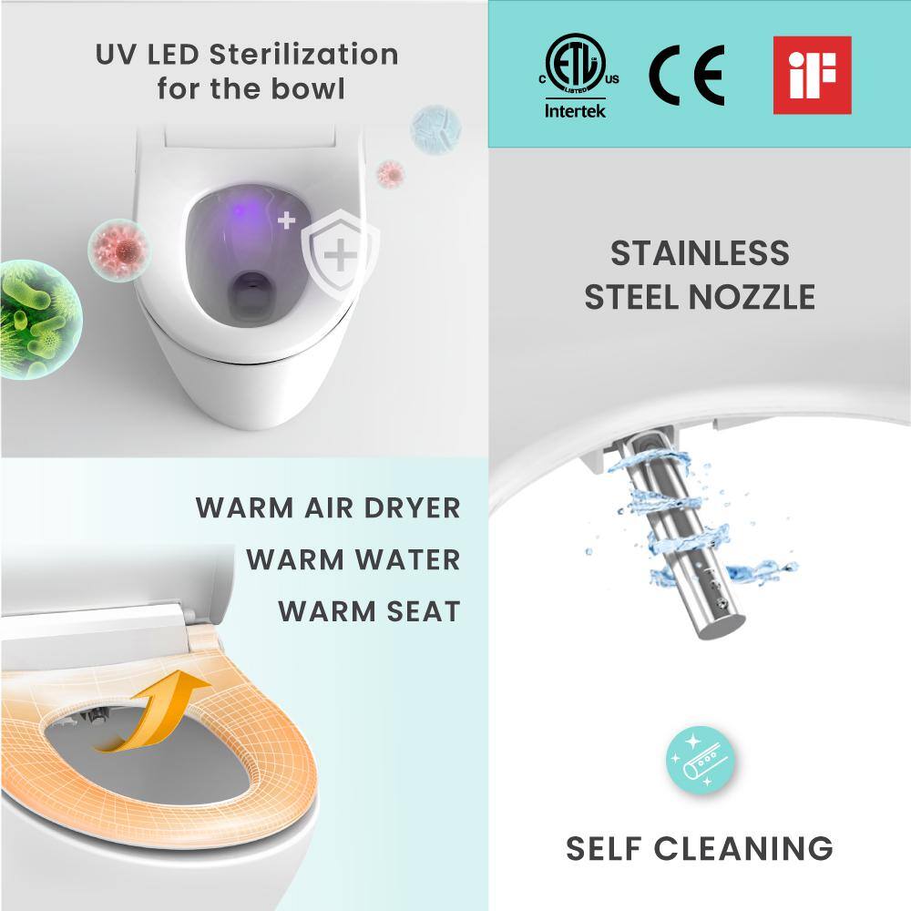 VOVO Stylement Electric Smart Bidet Seat for Elongated Toilet in White Remote Stainless Nozzle UV-A LED Sterilization VB-6000SE