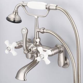 Water Creation 3-Handle Vintage Claw Foot Tub Faucet with Porcelain Cross Handles and Handshower in Brushed Nickel F6-0009-02-PX