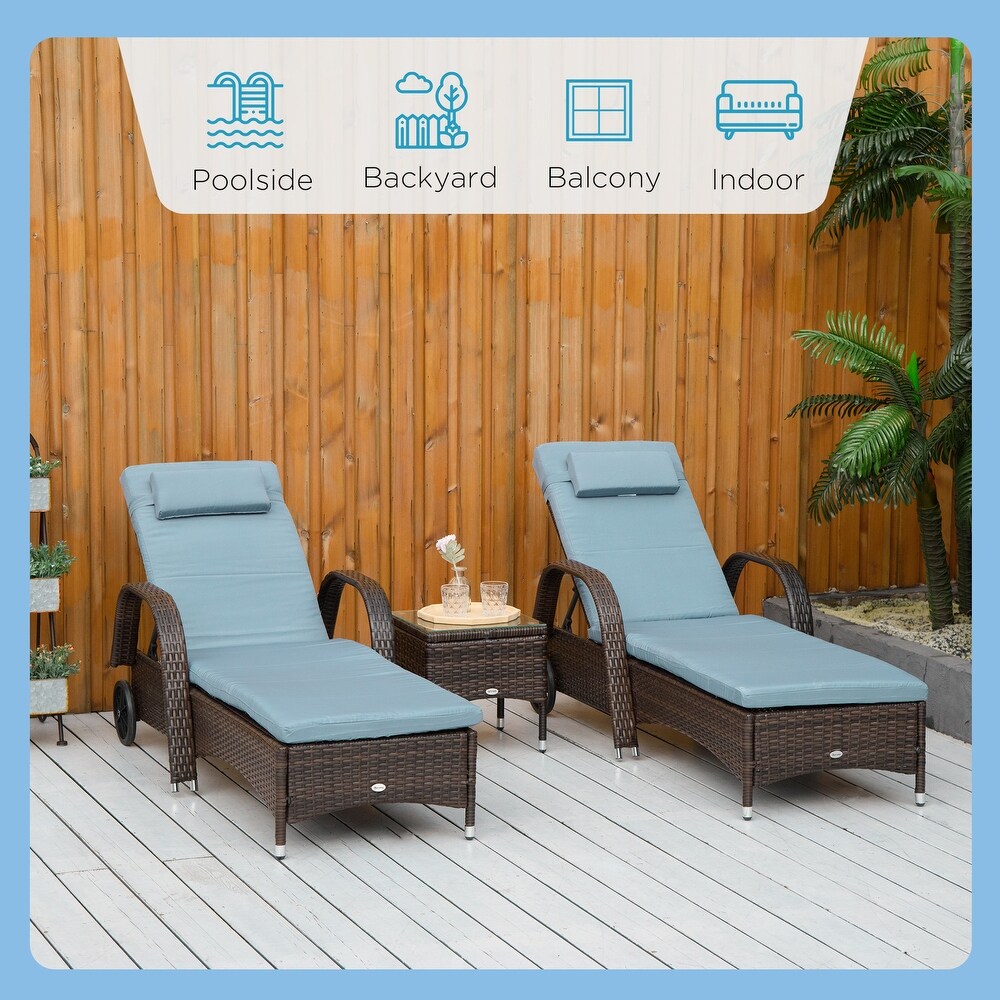 Outsunny 3 Pieces Patio Wicker Chaise Lounge Chair Set  Adjustable Outdoor PE Rattan Cushioned Lounge Set of 2 with Armrests