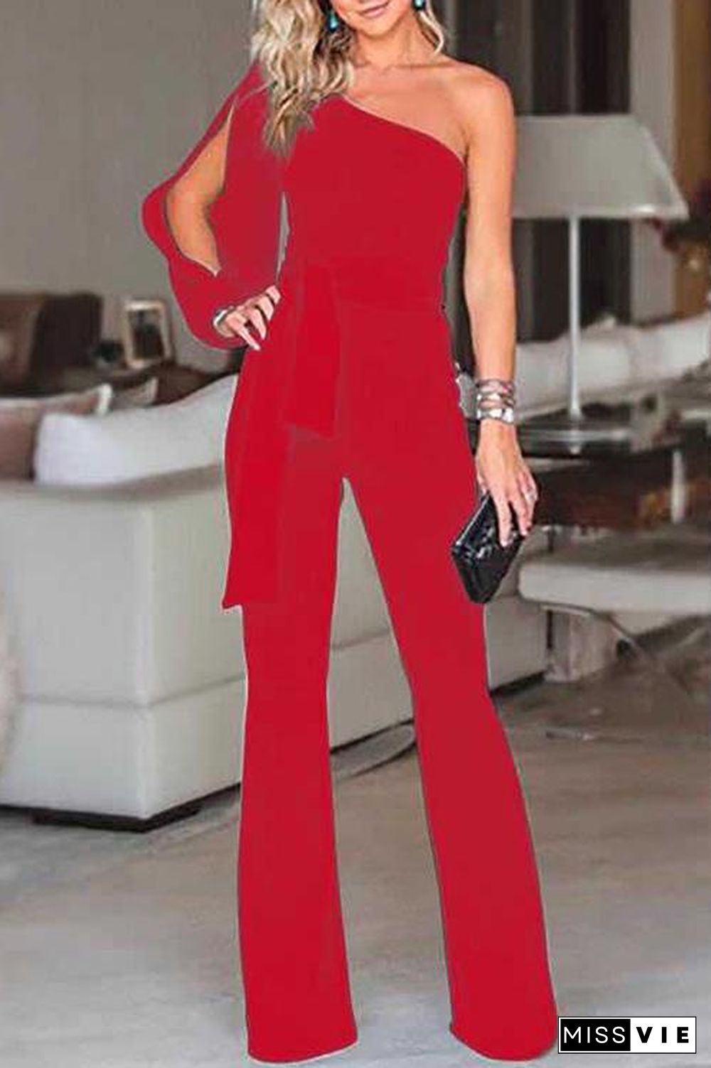 One Shoulder Split Sleeve Jumpsuit