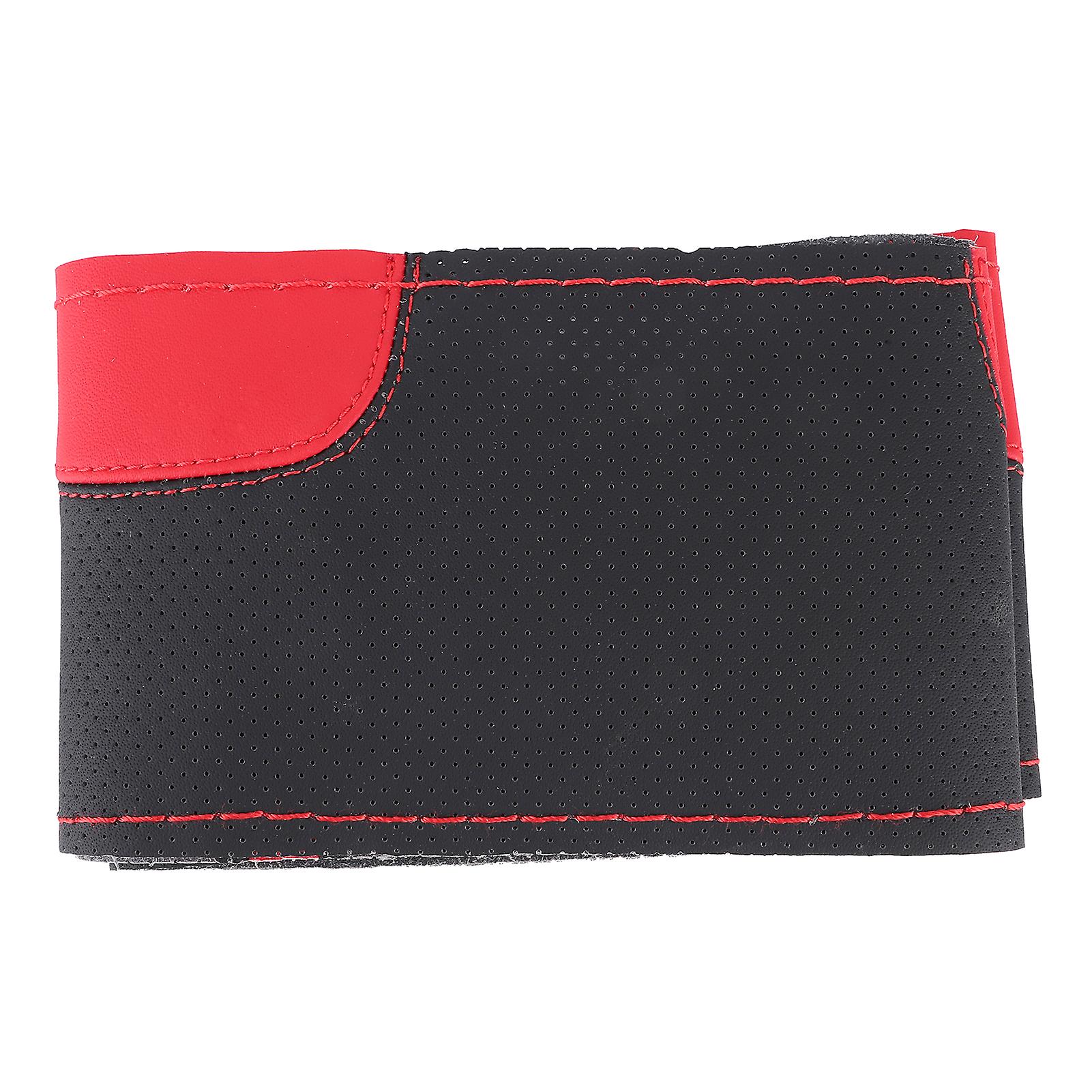 Universal Steering Wheel Cover 15in Diy Handstitched Perforated Microfiber Leather Wrapblack+red