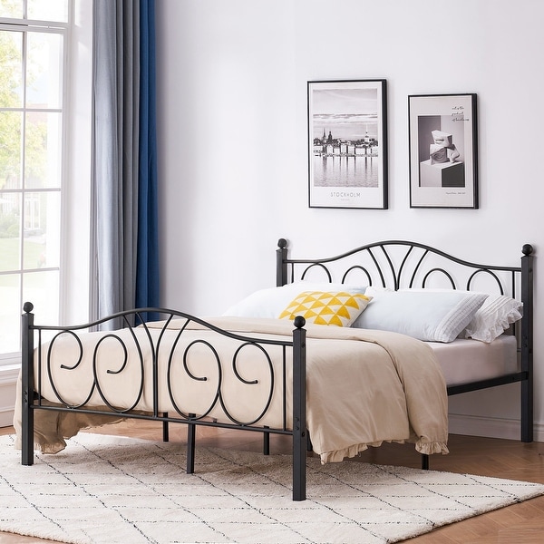 Taomika 3-Pieces Modern Black Metal Bed Frame and Brown Nightstand Sets - - 35206951