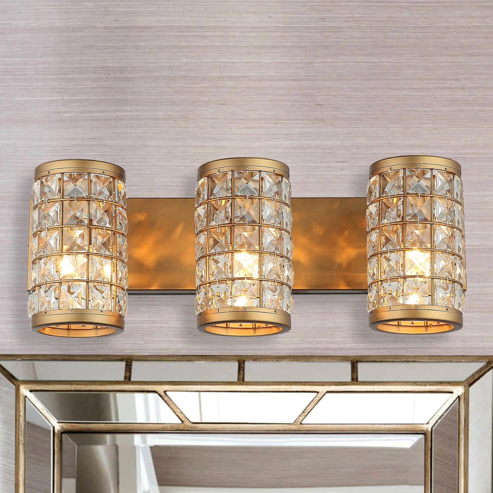 Aged Brass 3-Light Crystal Bathroom Vanity Lights Wall Sconce - 21.65-in W x 7.72-in H x 7.4-in D