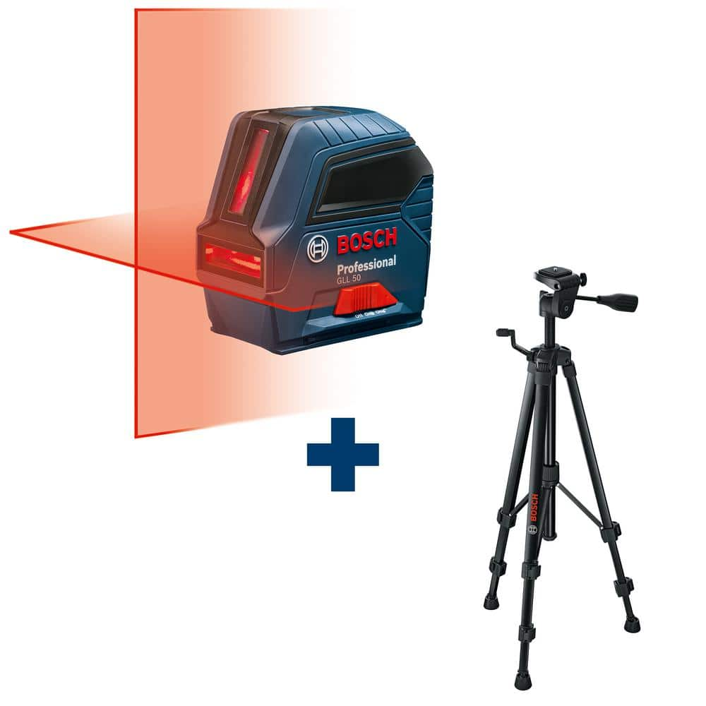 Bosch 50 ft. Cross Line Laser Level Self Leveling with VisiMax Technology, Mount Plus Compact Tripod with Extendable Height GLL50+BT150