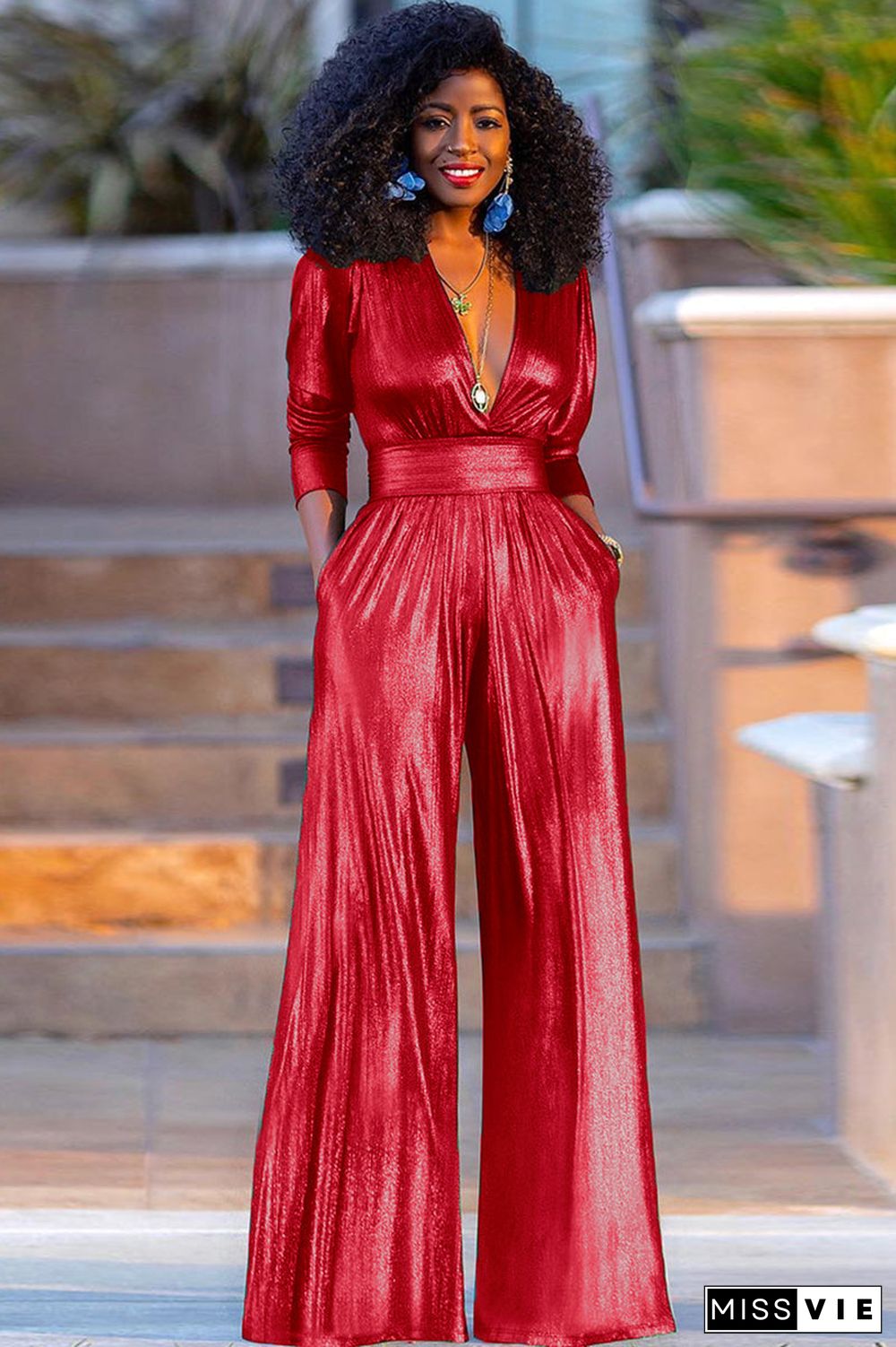 Party Reflective Half Sleeve V Neck Wide Leg Jumpsuit