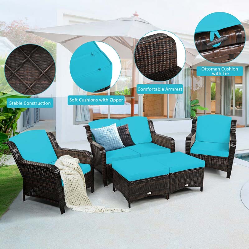 5 Pcs Rattan Wicker Patio Furniture Set with Loveseat, Single Sofas & Ottomans, Outdoor Conversation Sets