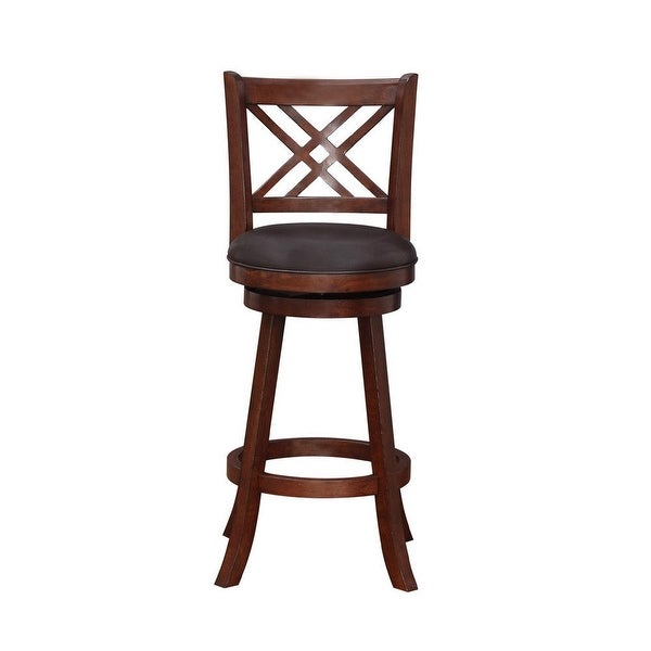 29 Inch Swivel Barstool， Double Cross Back， Wood， Faux Leather， Dark Brown