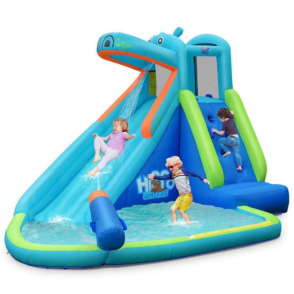 Costway Blue Inflatable Kids Hippo Bounce House Slide Climbing Wall Splash Pool with Bag OP70100