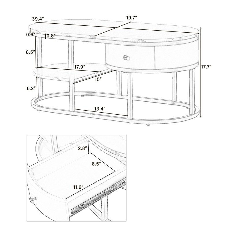 Modern Marble Coffee Table  Center Table Cocktail Table with Drawers   Shelves Storage for Living Room and Bedroom