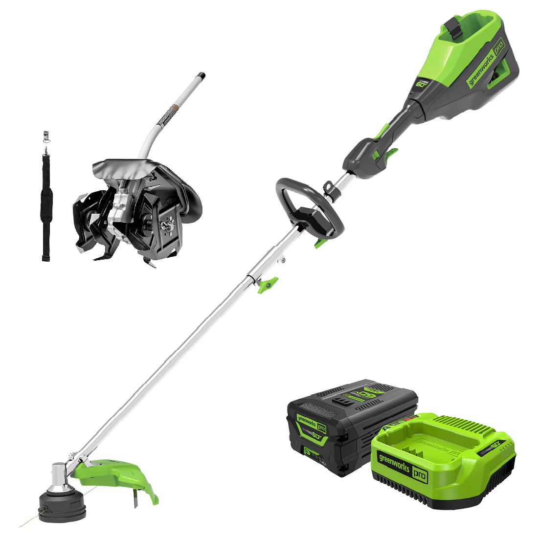 60V 16'' String Trimmer  10-Inch Cultivator Attachment Combo Kit w/ Battery，  Charger | Greenworks Tools