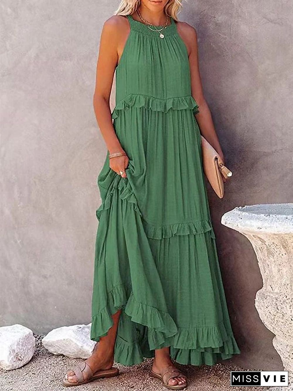 Long Ruffled With Swing Beach Maxi Dress