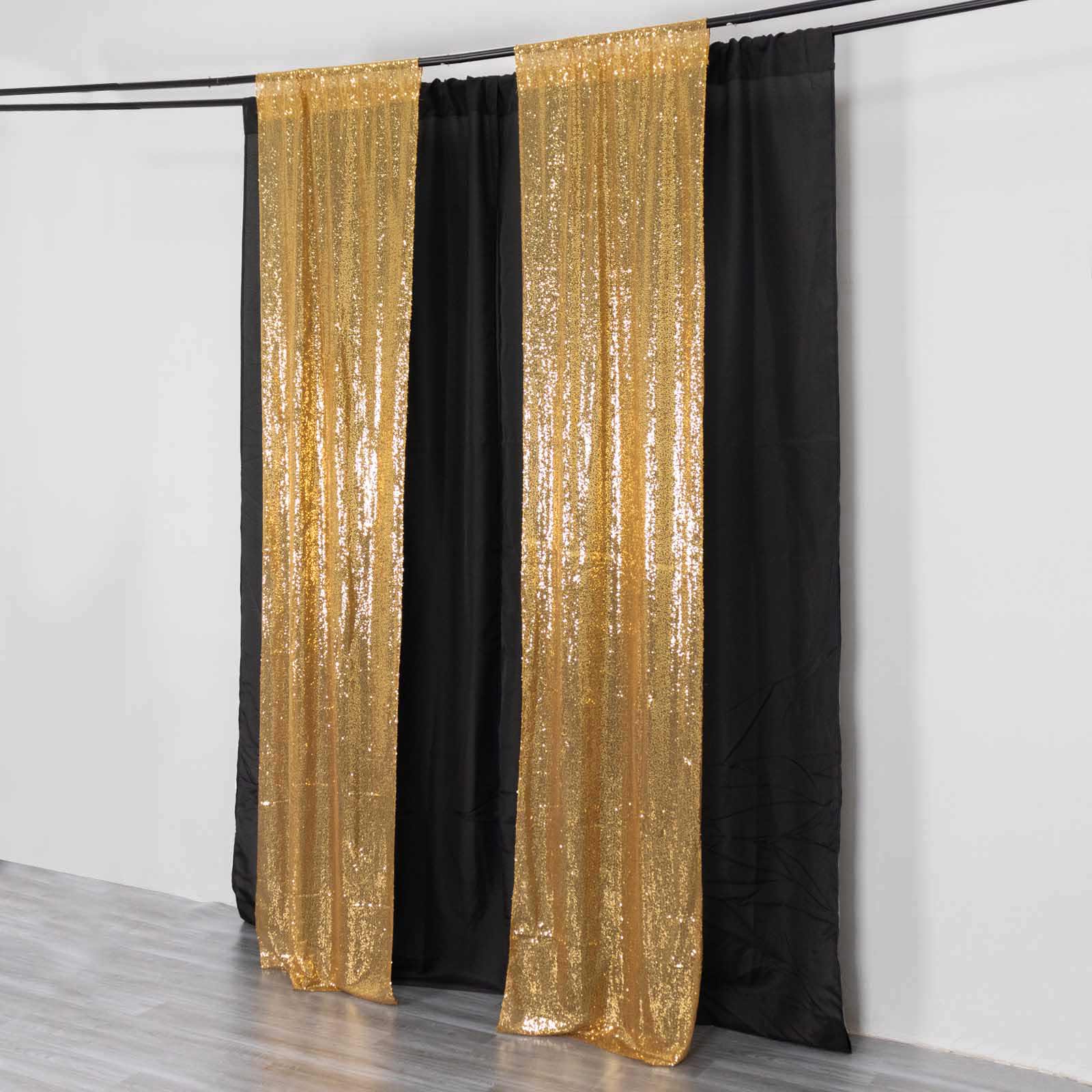 2 Pack Gold Sequin Backdrop Drape Curtains with Rod Pockets, Seamless Glitter Mesh Photo Booth Event Divider Panels - 8ftx2ft