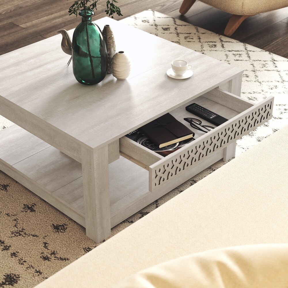 GALANO Japtur 31.5 in. Wood Top Square Laser Cut Coffee Table