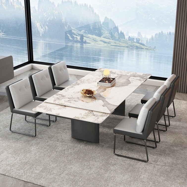 6 Person Extendable 63'' to 94.5'' Dining Set Rectangular Sintered Stone   Stainless Steel Legs ((1 Table 6 Gray Chairs)