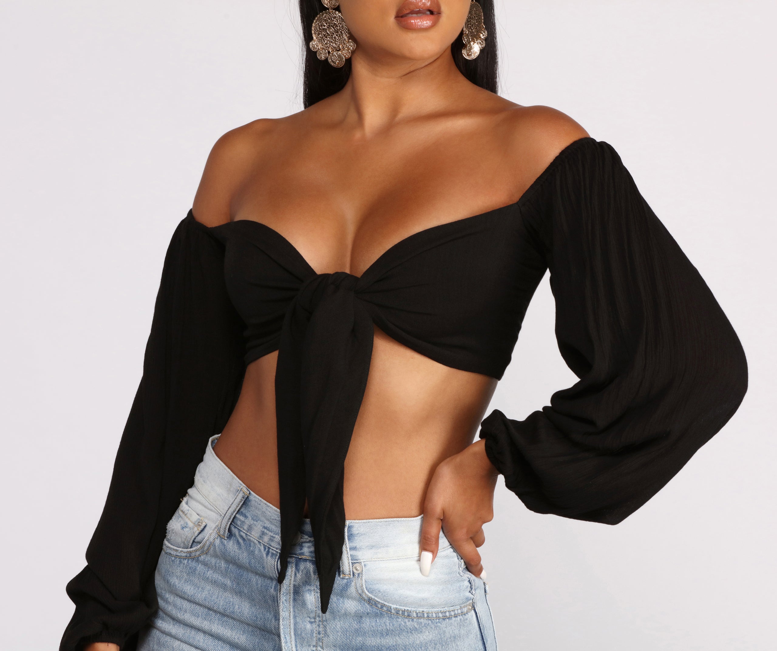 Long Sleeve Gauze Tie Front Crop Top