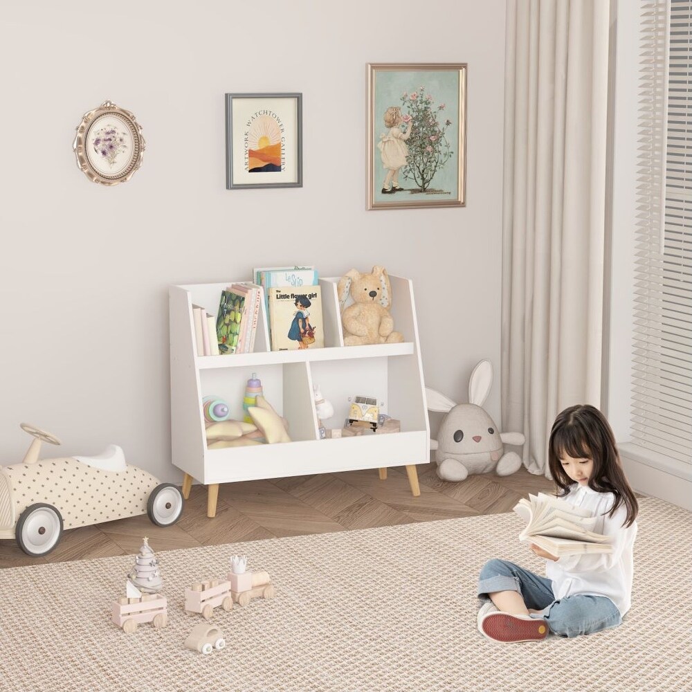 White 5 Cubbies Wooden Kids Open Bookcase and Toy Organizer