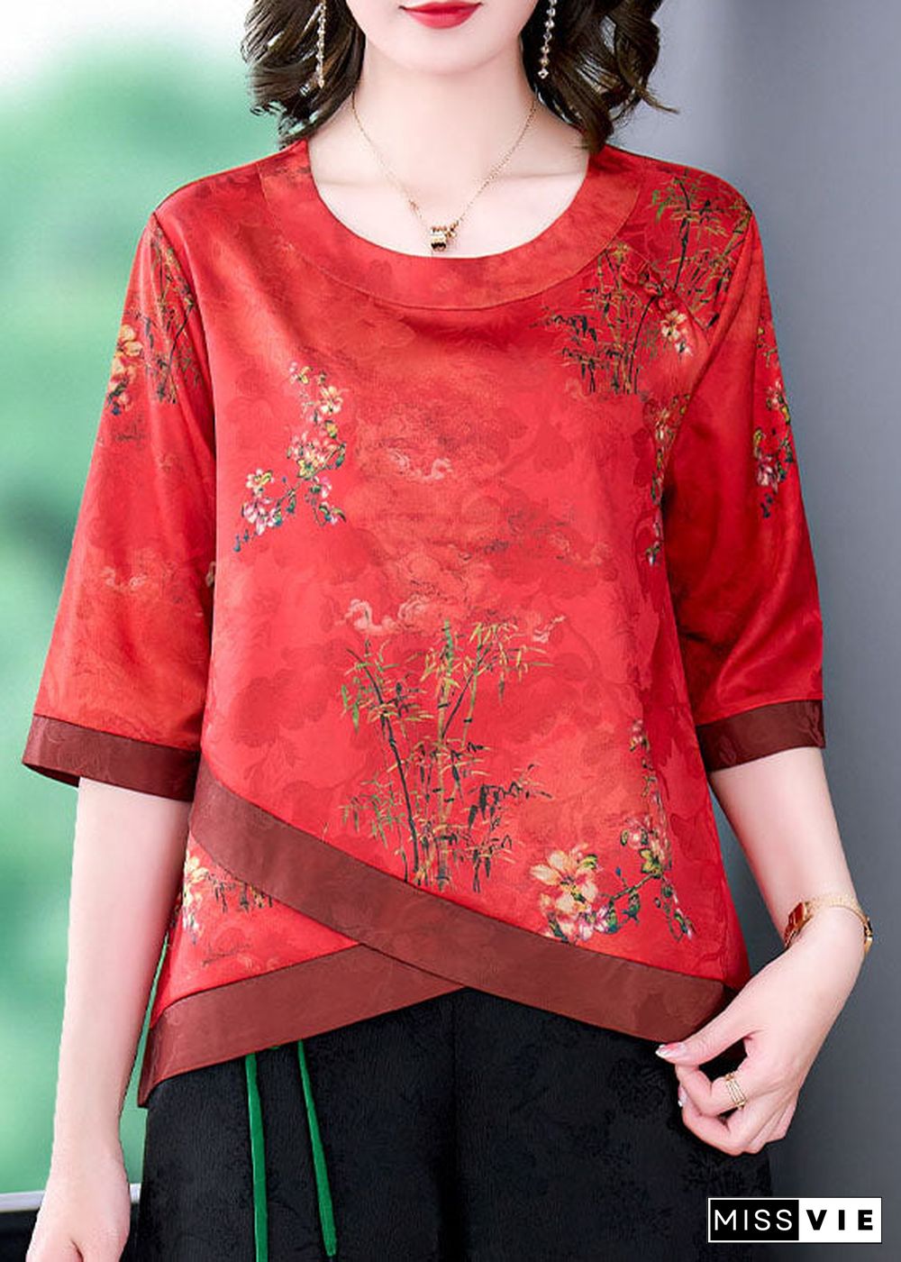 French Red O Neck Print Patchwork Silk Shirt Tops Summer