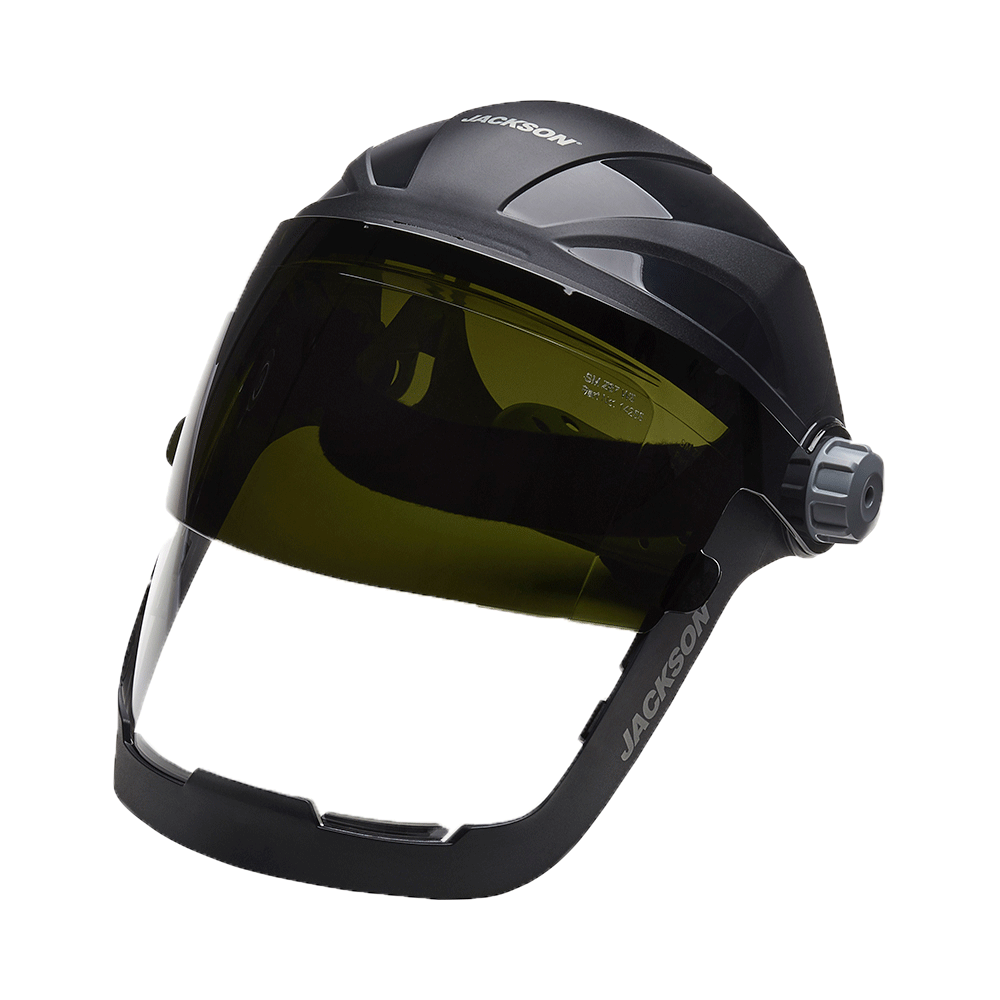 QUAD 500? Premium Multi-Purpose Face Shield ; Clear Window with Shade 8 IR Flip Visor ; Anti-Fog Coating ; 370 Speed Dial? Ratcheting Headgear ;