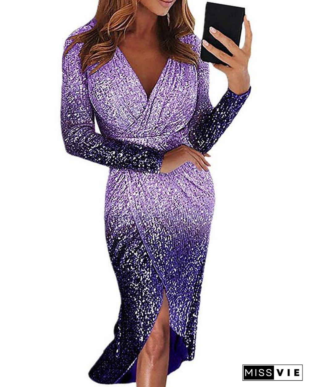 Women's Bodycon Long Sleeve Color Gradient Color Block Sequins Asymmetric Elegant Sexy Black Blue Purple Red Yellow Blushing Pink Gold Silver S M L XL XXL