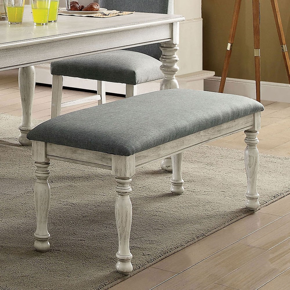 Fabric Padded Dining Bench in Antique White and Gray Finish