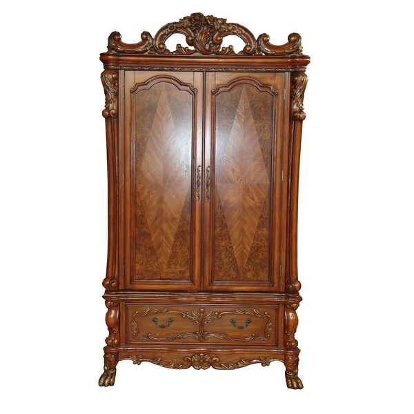 Wooden Armoire with Scrolled Motifs and Storage Space， Brown - - 31647434