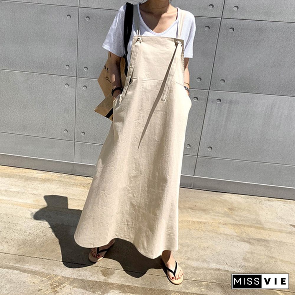 Women Summer Plus Size Strappy Maxi Sundress Loose Solid Pinafore Overalls Holiday Dress Oversized