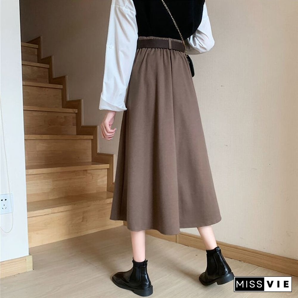 Solid Skirts Women Mid-calf High Waist Friends Korean Style Elegant College Spring Autumn All-match Jupe Mujer Faldas Female Ins