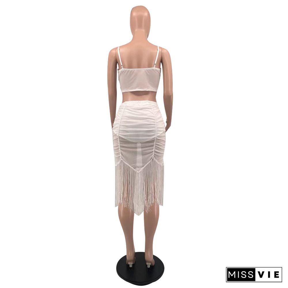 Camisole Crop Top Ruched Sheer Mesh Tassel Skirts Set