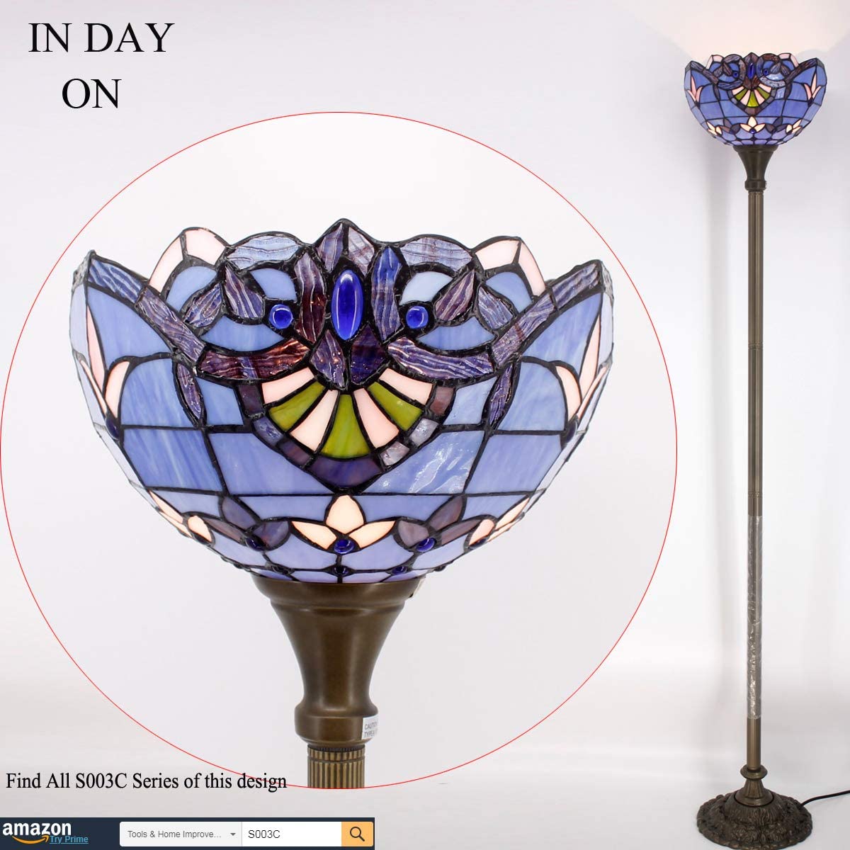 BBNBDMZ Tiffany Floor Lamp Blue Purple Baroque Stained Glass Light 12X12X66 Inch Pole Torchiere Standing Corner Torch Uplight Decor Bedroom Living Room  Office S003C Series