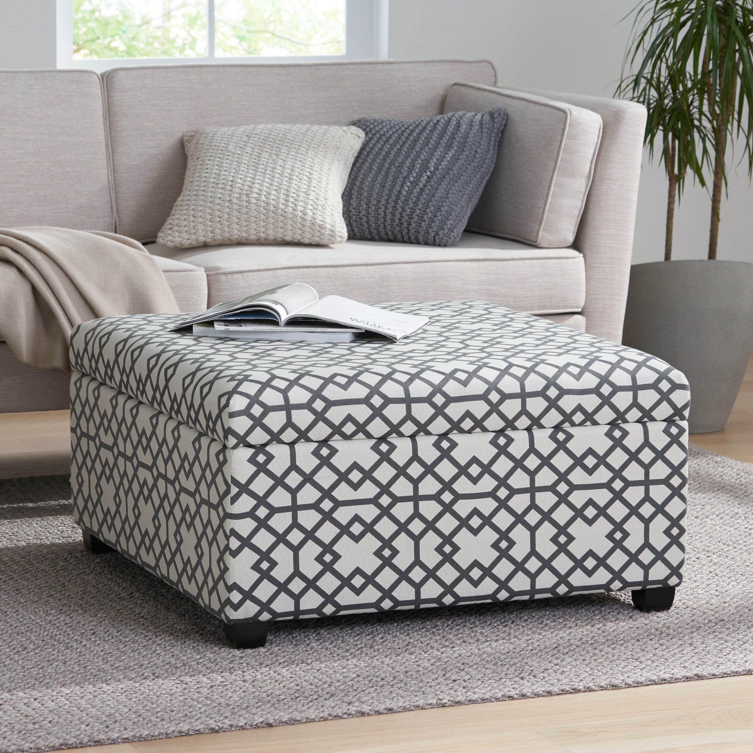 Estee Grey Geometric Pattern Fabric Square Storage Ottoman Coffee Table