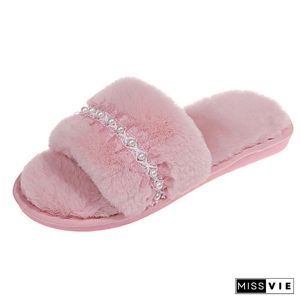 Autumn And Winter Home Furry Pearl Chain Slippers Fashion Flat Women's Cotton Slippers Open-Toe